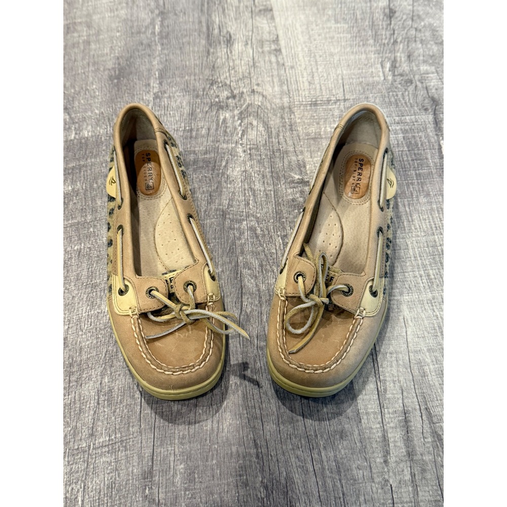 Sperry Top-Sider Boat Shoes Tan Beige‎ Leopard Print Leather Casual Shoes